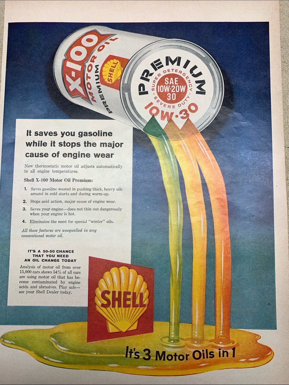 X-100 Premium Shell Motor Oil Vintage Ad from Life Magazine November 17, 1958